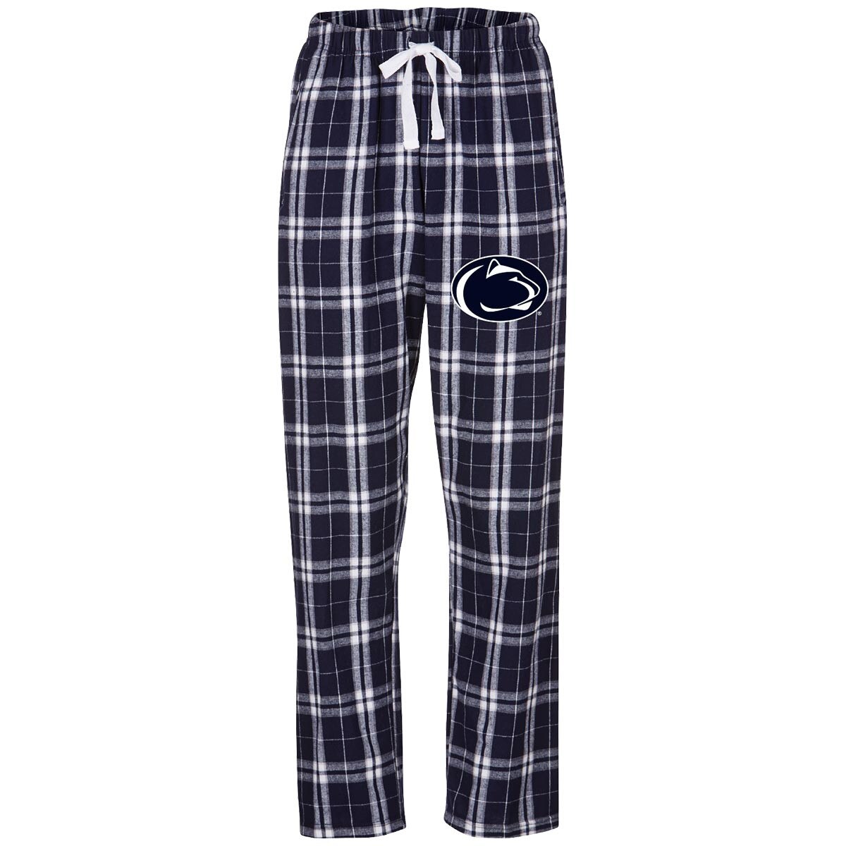 women's navy plaid flannel pants with Penn State Athletic Logo on left thigh